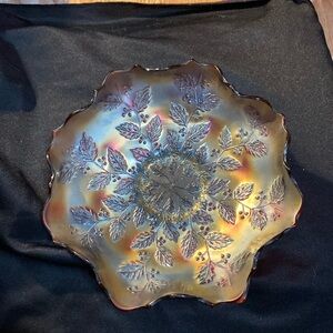 Antique Fenton Holly Berry Bowl Marigold Amber Carnival Glass Scalloped Edge